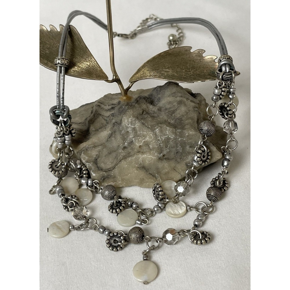 Vtg Mother Of Pearl Layered Necklace 18" Ornate Fine Silver Beads Leather Cord